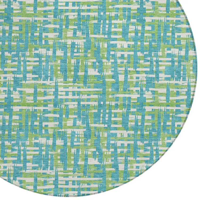 8' Turquoise Green And Ivory Round Abstract Washable Indoor Outdoor Area Rug Photo 6