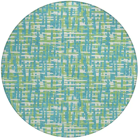 8' Turquoise Green And Ivory Round Abstract Washable Indoor Outdoor Area Rug Photo 2