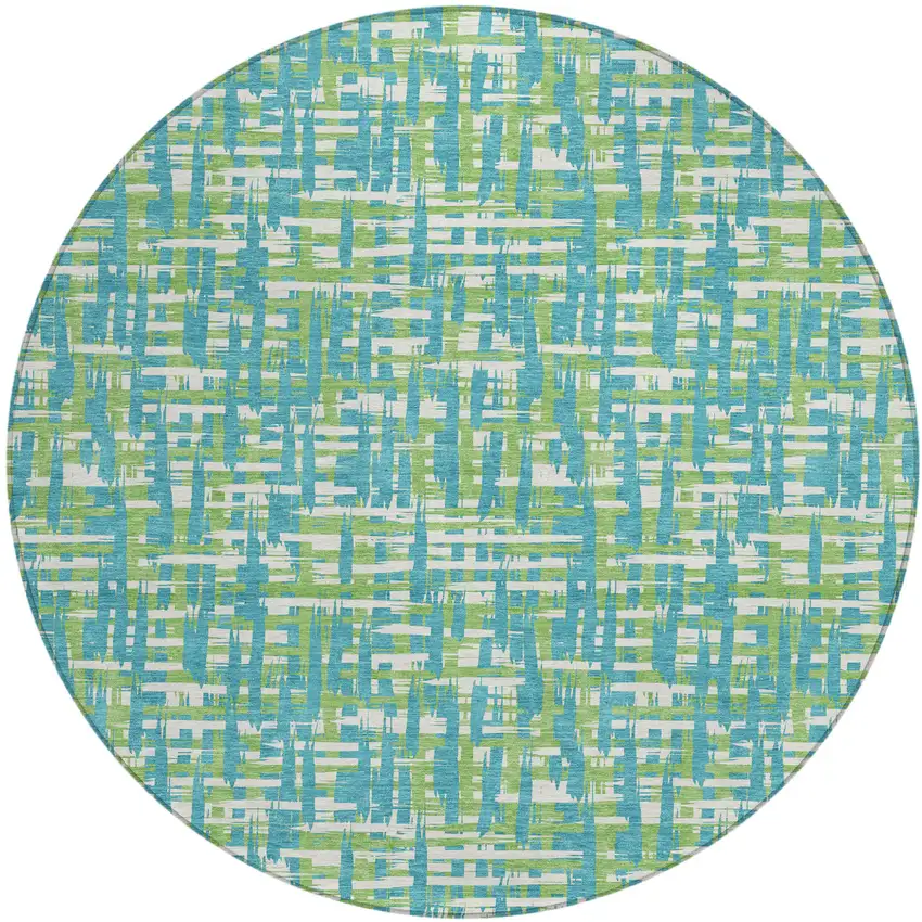 8' Turquoise Green And Ivory Round Abstract Washable Indoor Outdoor Area Rug Photo 2