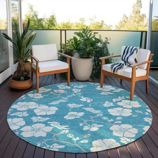 8' Turquoise Ivory And Gray Round Floral Washable Indoor Outdoor Area Rug Photo 6