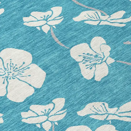 8' Turquoise Ivory And Gray Round Floral Washable Indoor Outdoor Area Rug Photo 8