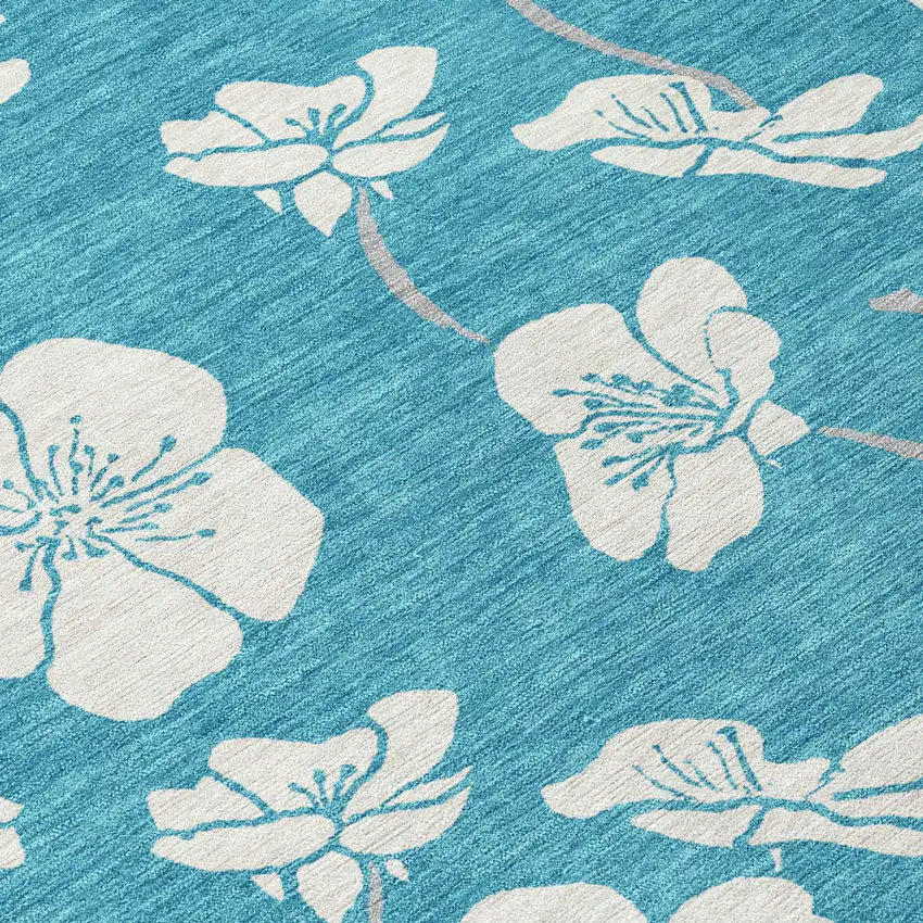 8' Turquoise Ivory And Gray Round Floral Washable Indoor Outdoor Area Rug Photo 8