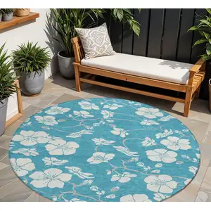 Photo of 8' Turquoise Ivory And Gray Round Floral Washable Indoor Outdoor Area Rug