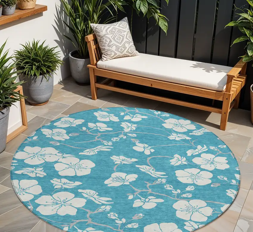 8' Turquoise Ivory And Gray Round Floral Washable Indoor Outdoor Area Rug Photo 1