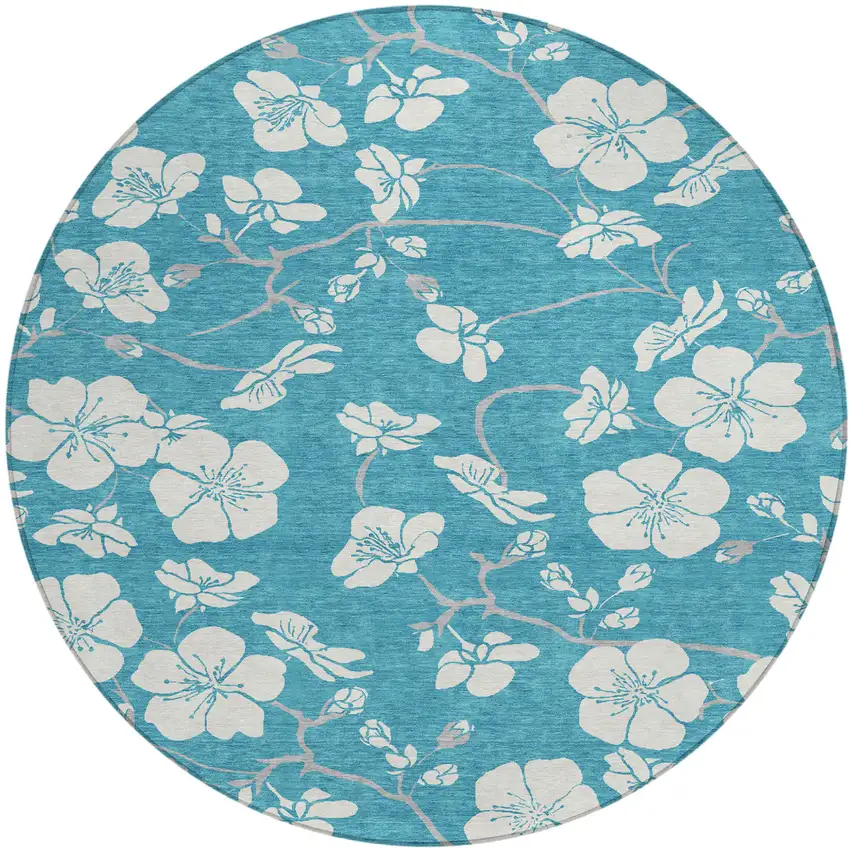 8' Turquoise Ivory And Gray Round Floral Washable Indoor Outdoor Area Rug Photo 2