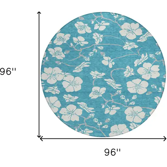 8' Turquoise Ivory And Gray Round Floral Washable Indoor Outdoor Area Rug Photo 3