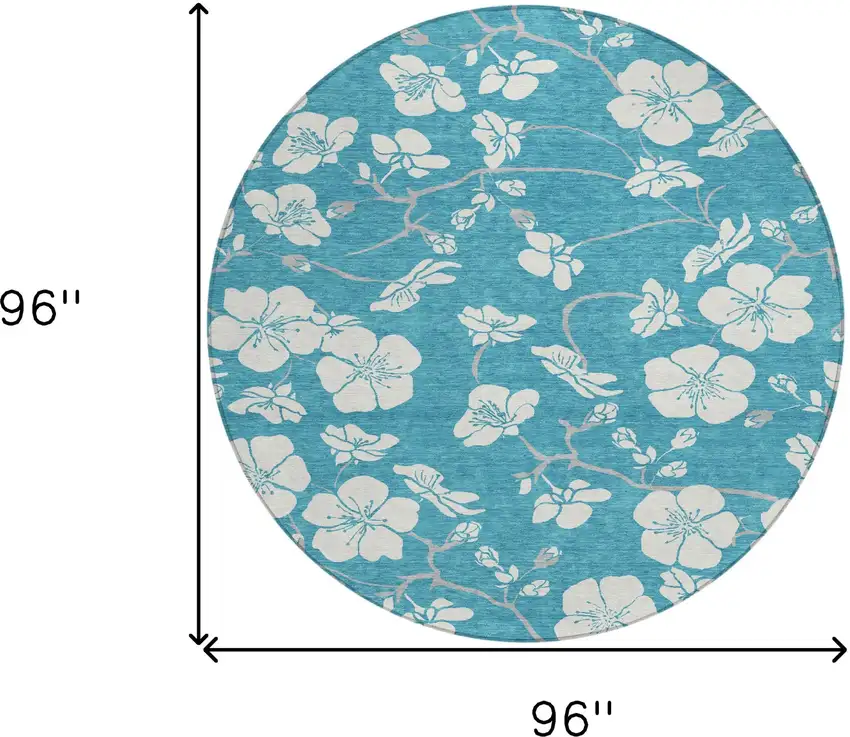 8' Turquoise Ivory And Gray Round Floral Washable Indoor Outdoor Area Rug Photo 3