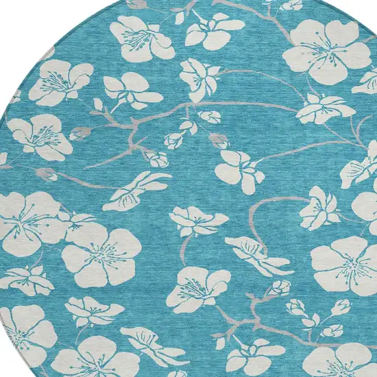 8' Turquoise Ivory And Gray Round Floral Washable Indoor Outdoor Area Rug Photo 5