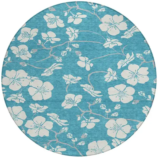 8' Turquoise Ivory And Gray Round Floral Washable Indoor Outdoor Area Rug Photo 4