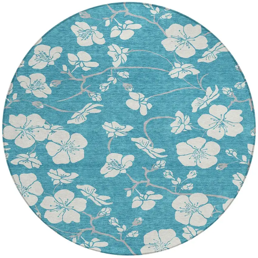 8' Turquoise Ivory And Gray Round Floral Washable Indoor Outdoor Area Rug Photo 4