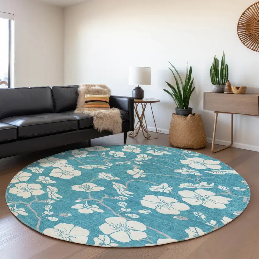 8' Turquoise Ivory And Gray Round Floral Washable Indoor Outdoor Area Rug Photo 7