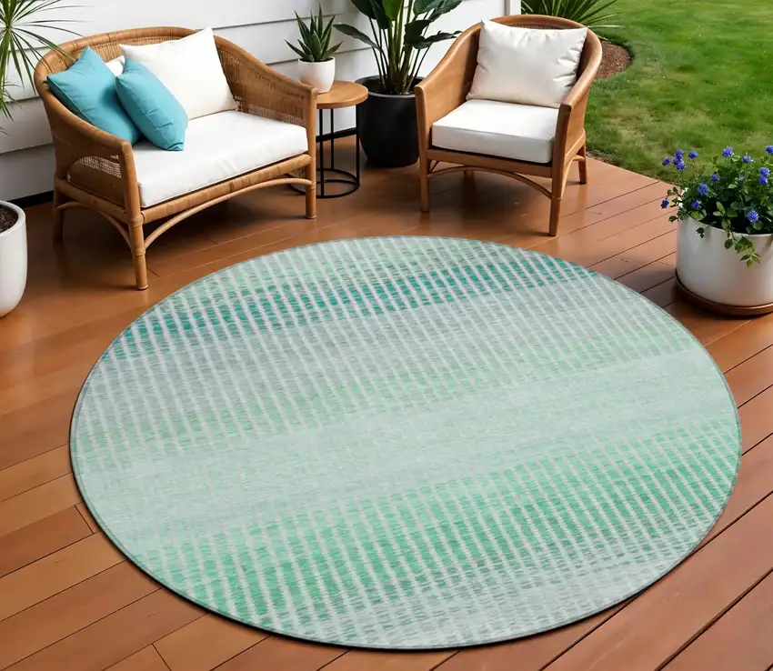 8' Turquoise Ivory And Gray Round Striped Washable Indoor Outdoor Area Rug Photo 1