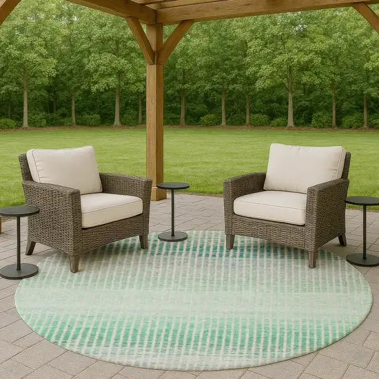 8' Turquoise Ivory And Gray Round Striped Washable Indoor Outdoor Area Rug Photo 8