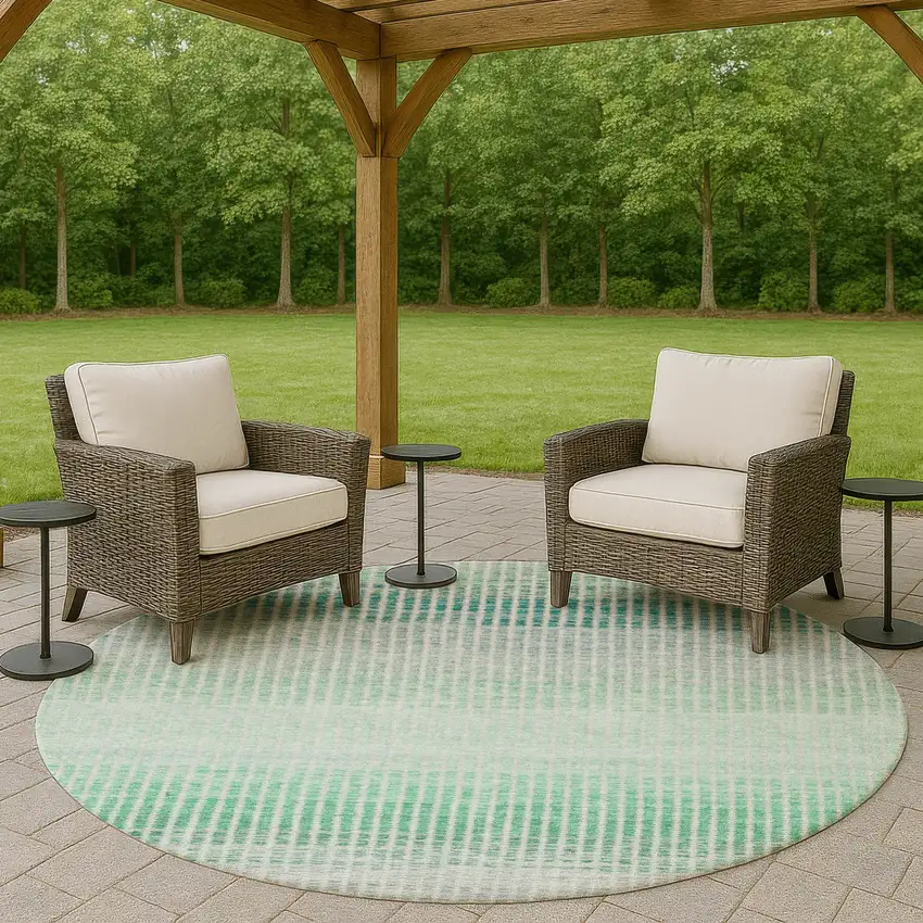 8' Turquoise Ivory And Gray Round Striped Washable Indoor Outdoor Area Rug Photo 8