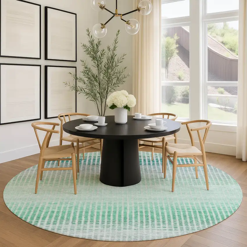 8' Turquoise Ivory And Gray Round Striped Washable Indoor Outdoor Area Rug Photo 9