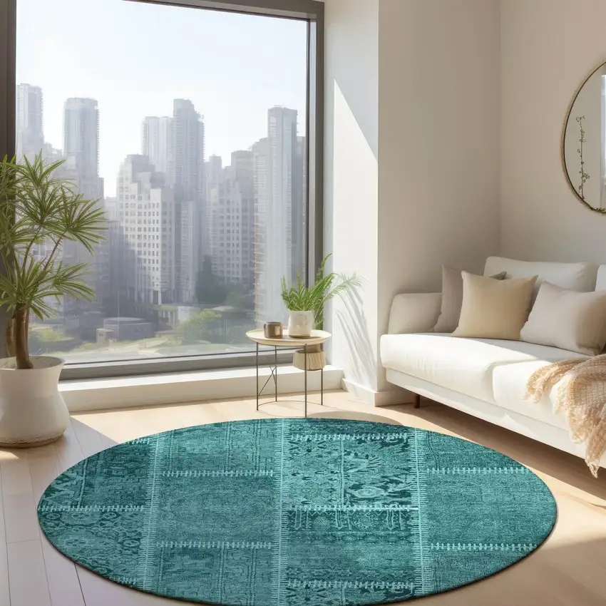 8' Turquoise Teal Blue And Aqua Round Patchwork Washable Indoor Outdoor Area Rug Photo 6