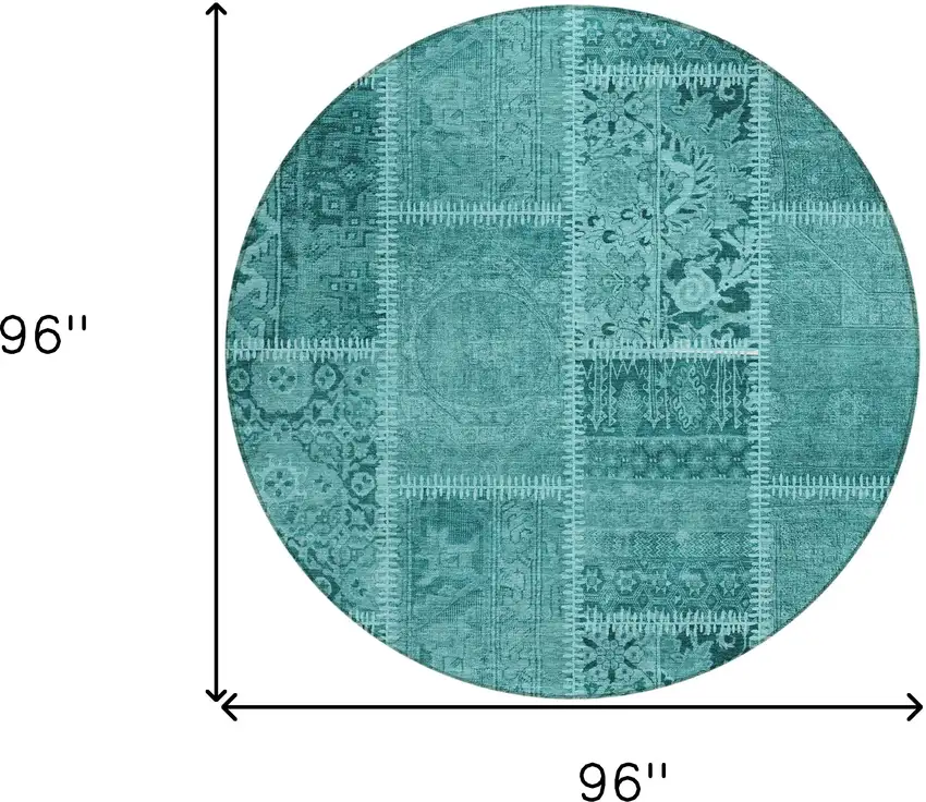 8' Turquoise Teal Blue And Aqua Round Patchwork Washable Indoor Outdoor Area Rug Photo 7