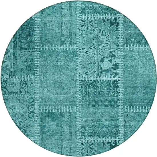 8' Turquoise Teal Blue And Aqua Round Patchwork Washable Indoor Outdoor Area Rug Photo 1