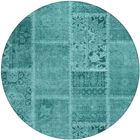 8' Turquoise Teal Blue And Aqua Round Patchwork Washable Indoor Outdoor Area Rug Photo 1