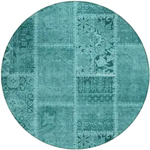 Photo of 8' Turquoise Teal Blue And Aqua Round Patchwork Washable Indoor Outdoor Area Rug