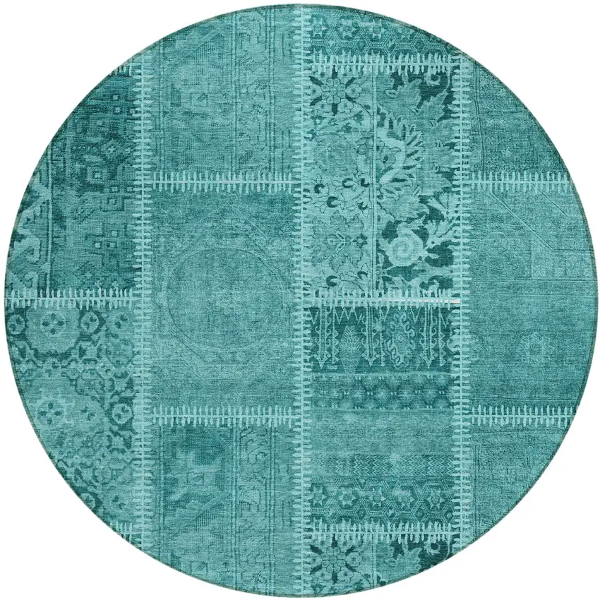 8' Turquoise Teal Blue And Aqua Round Patchwork Washable Indoor Outdoor Area Rug Photo 1