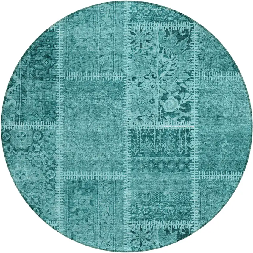 8' Turquoise Teal Blue And Aqua Round Patchwork Washable Indoor Outdoor Area Rug Photo 1