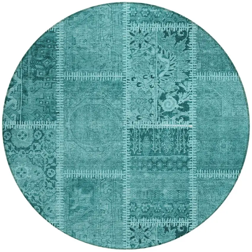 8' Turquoise Teal Blue And Aqua Round Patchwork Washable Indoor Outdoor Area Rug Photo 4