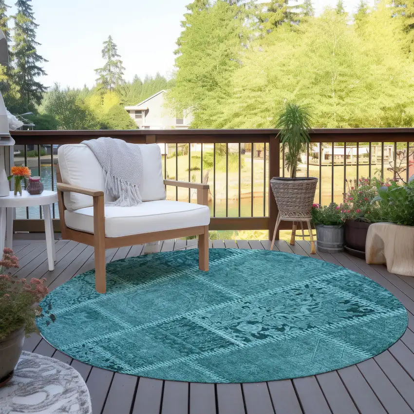 8' Turquoise Teal Blue And Aqua Round Patchwork Washable Indoor Outdoor Area Rug Photo 5