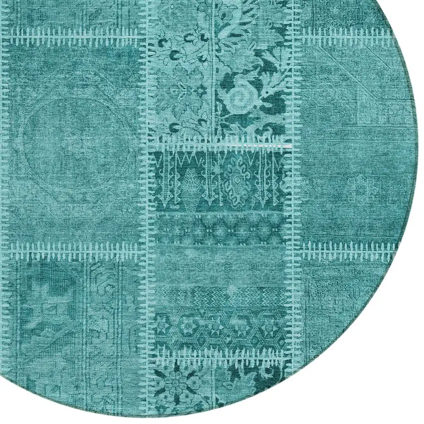 8' Turquoise Teal Blue And Aqua Round Patchwork Washable Indoor Outdoor Area Rug Photo 3