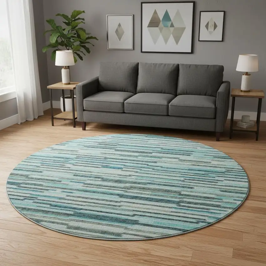 8' Turquoise Teal Blue And Gray Abstract Washable Round Rug With UV Protection Photo 1