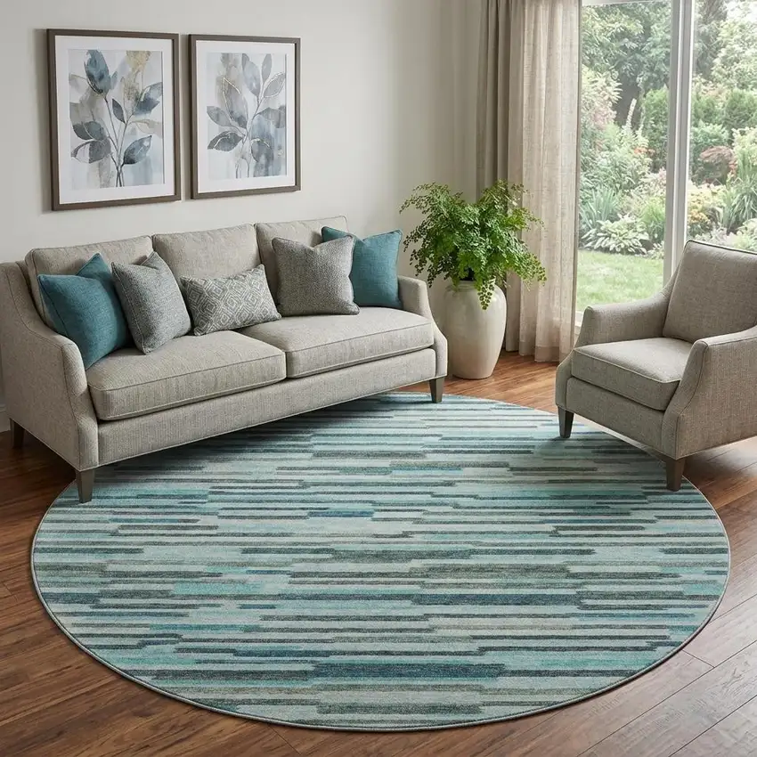 8' Turquoise Teal Blue And Gray Abstract Washable Round Rug With UV Protection Photo 1