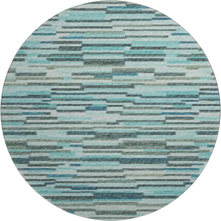 8' Turquoise Teal Blue And Gray Abstract Washable Round Rug With UV Protection Photo 2