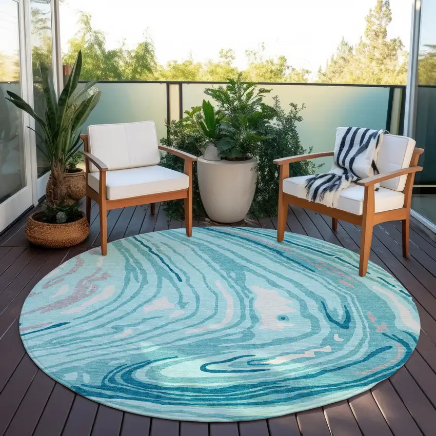8' Turquoise Teal Blue And Gray Round Abstract Washable Indoor Outdoor Area Rug Photo 8