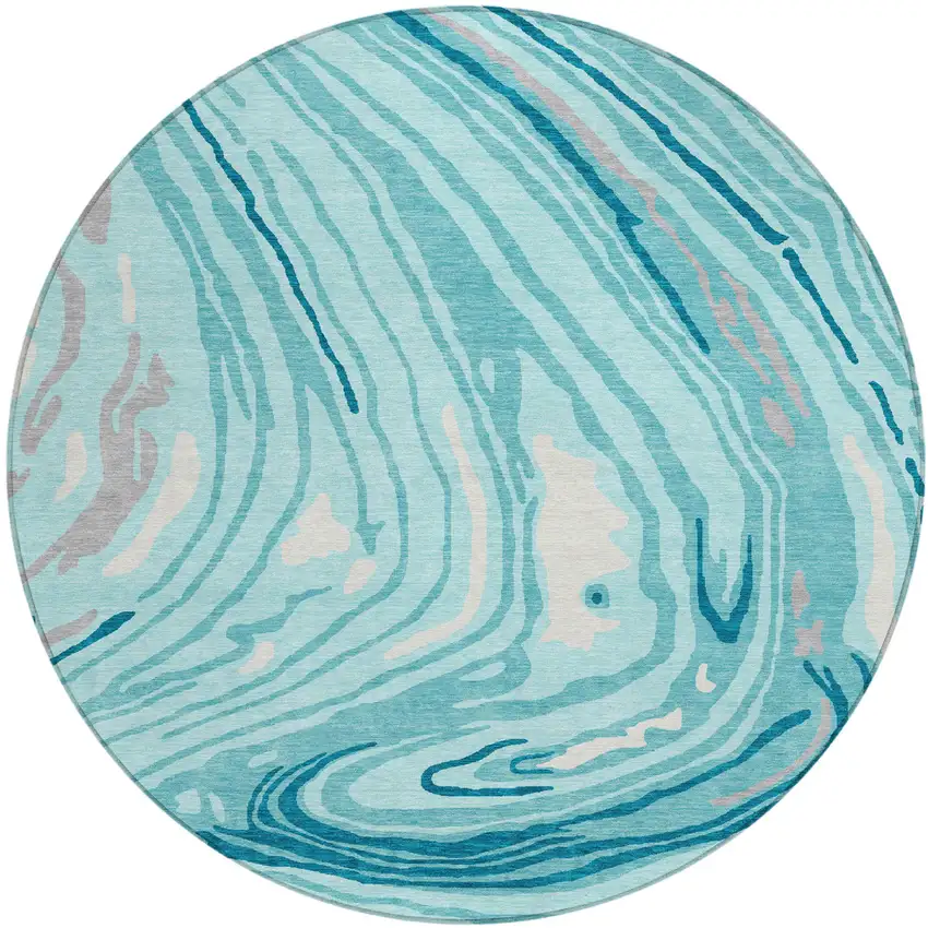 8' Turquoise Teal Blue And Gray Round Abstract Washable Indoor Outdoor Area Rug Photo 2