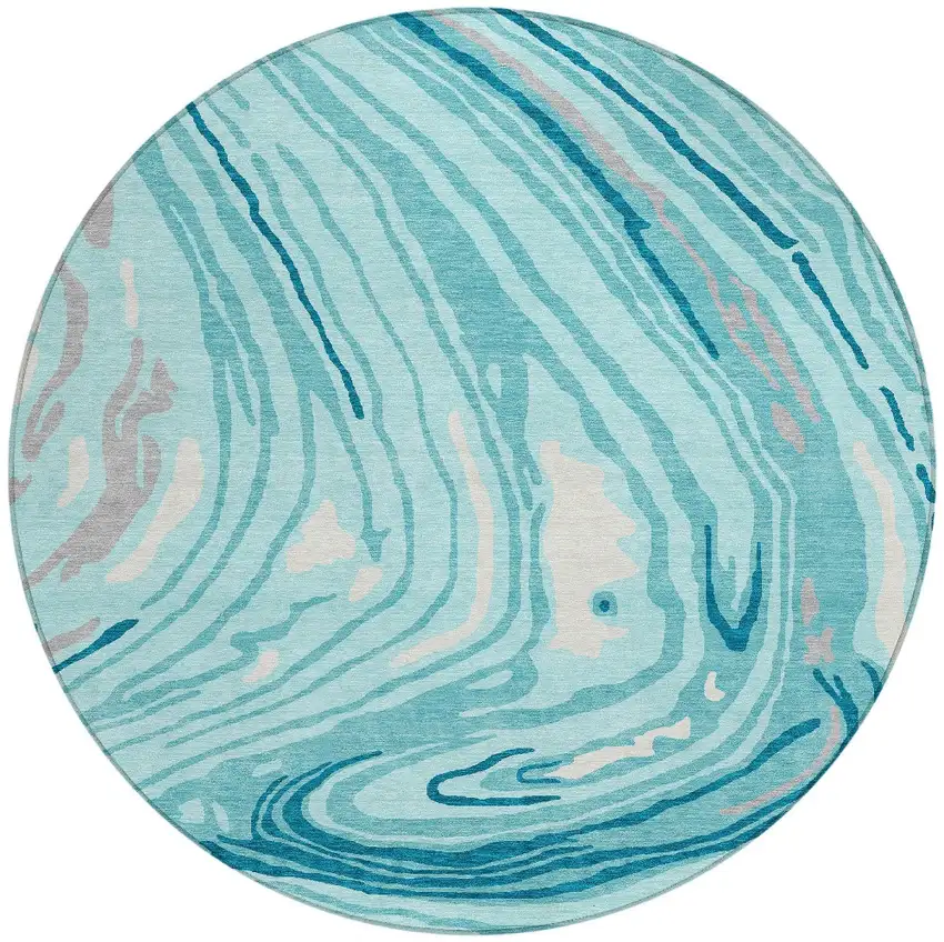 8' Turquoise Teal Blue And Gray Round Abstract Washable Indoor Outdoor Area Rug Photo 7