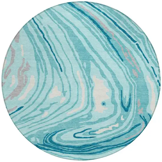 8' Turquoise Teal Blue And Gray Round Abstract Washable Indoor Outdoor Area Rug Photo 7