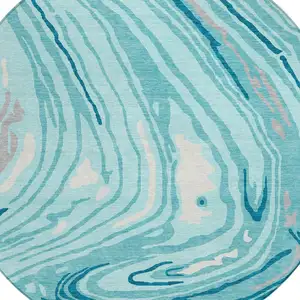 Photo of 8' Turquoise Teal Blue And Gray Round Abstract Washable Indoor Outdoor Area Rug