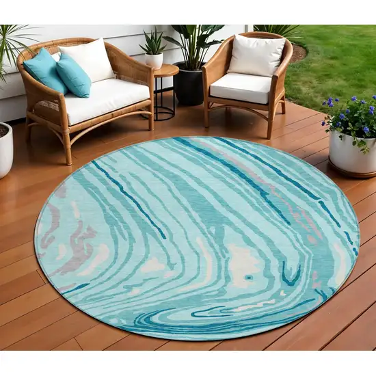 8' Turquoise Teal Blue And Gray Round Abstract Washable Indoor Outdoor Area Rug Photo 1