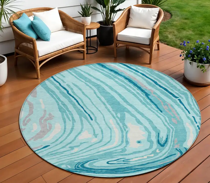 8' Turquoise Teal Blue And Gray Round Abstract Washable Indoor Outdoor Area Rug Photo 1