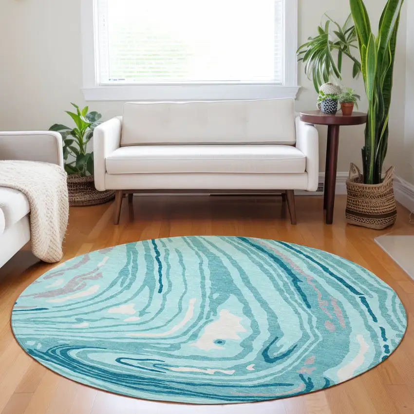 8' Turquoise Teal Blue And Gray Round Abstract Washable Indoor Outdoor Area Rug Photo 9