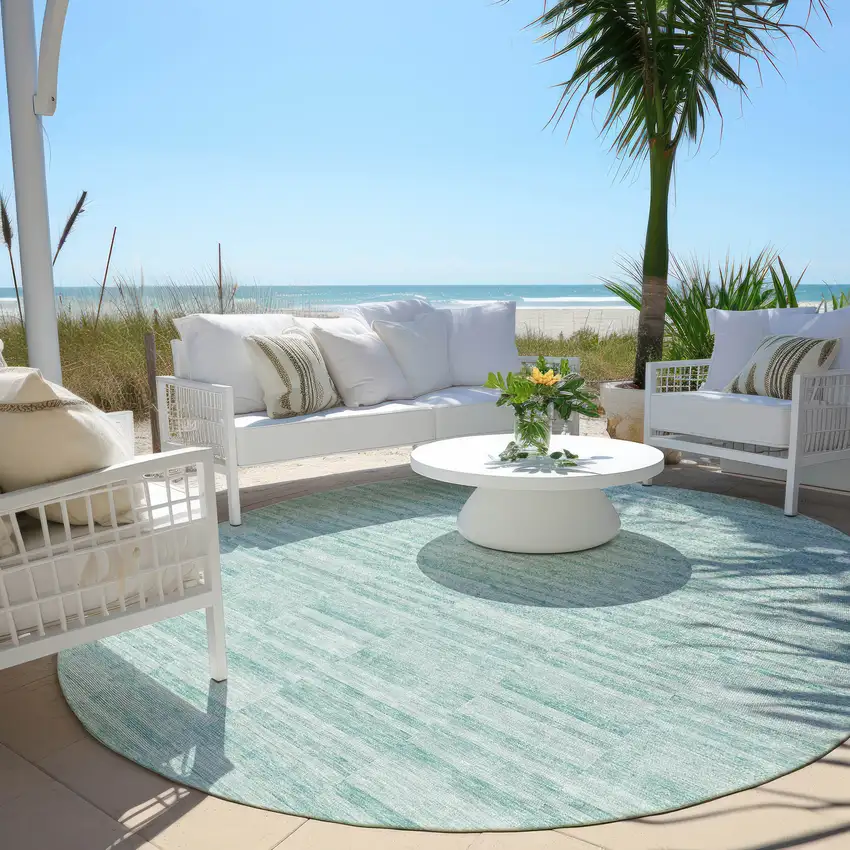 8' Turquoise Teal Blue And Gray Round Striped Washable Indoor Outdoor Area Rug Photo 6