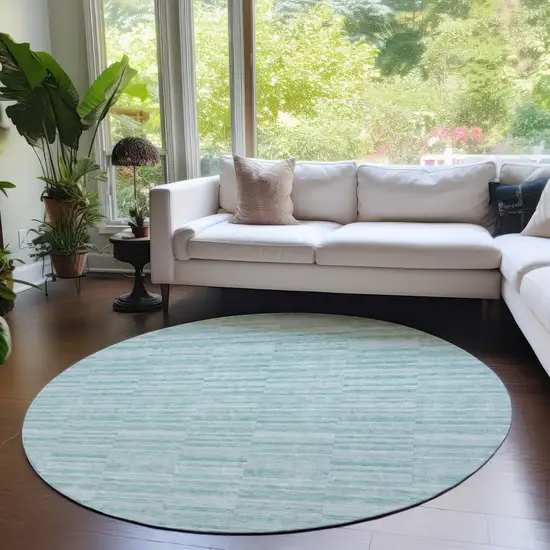 8' Turquoise Teal Blue And Gray Round Striped Washable Indoor Outdoor Area Rug Photo 7