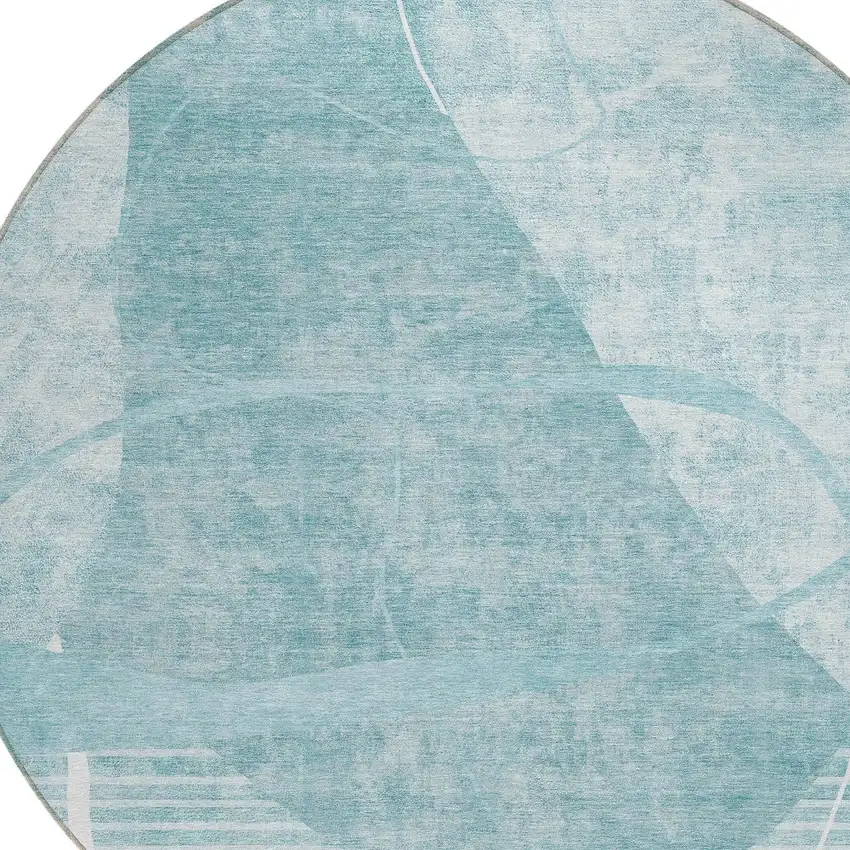 8' Turquoise Teal Blue And Ivory Round Abstract Washable Indoor Outdoor Area Rug Photo 4