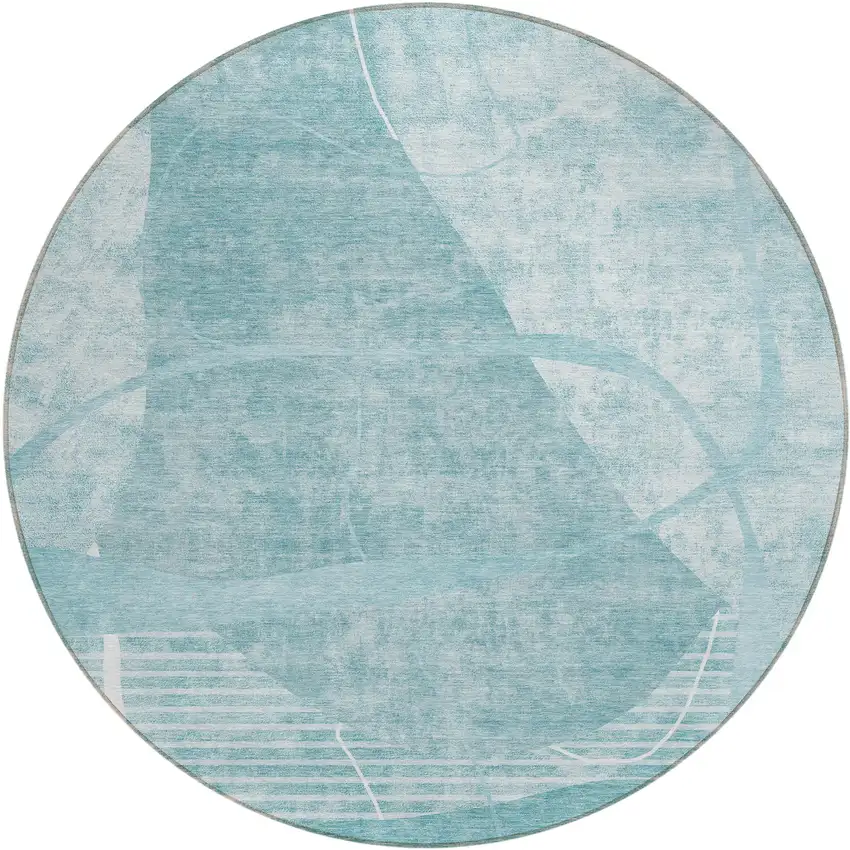 8' Turquoise Teal Blue And Ivory Round Abstract Washable Indoor Outdoor Area Rug Photo 2