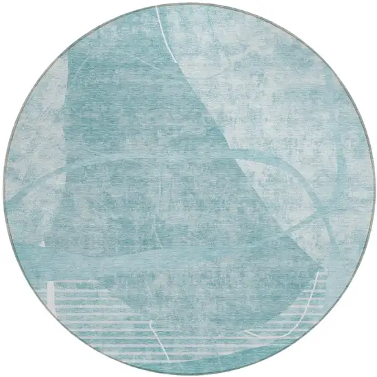 8' Turquoise Teal Blue And Ivory Round Abstract Washable Indoor Outdoor Area Rug Photo 2