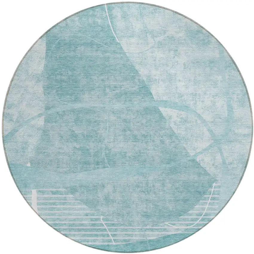8' Turquoise Teal Blue And Ivory Round Abstract Washable Indoor Outdoor Area Rug Photo 2