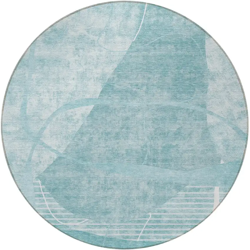 8' Turquoise Teal Blue And Ivory Round Abstract Washable Indoor Outdoor Area Rug Photo 5
