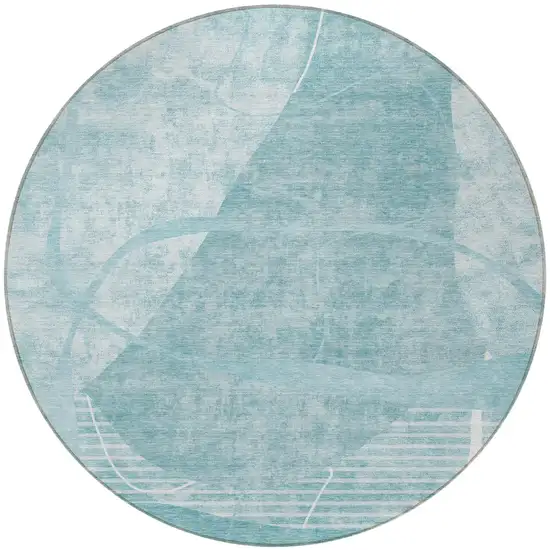8' Turquoise Teal Blue And Ivory Round Abstract Washable Indoor Outdoor Area Rug Photo 5