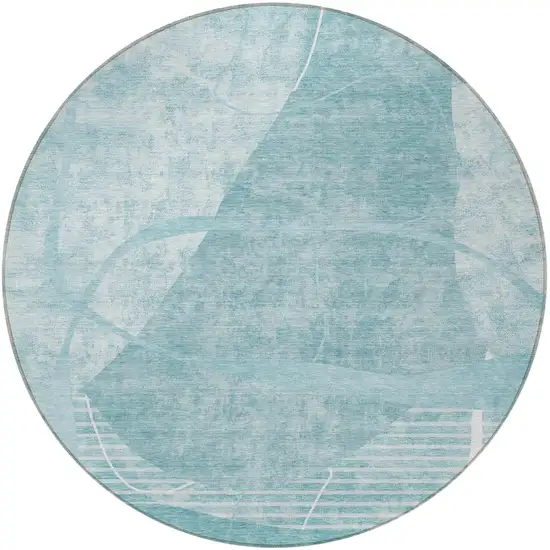 8' Turquoise Teal Blue And Ivory Round Abstract Washable Indoor Outdoor Area Rug Photo 5