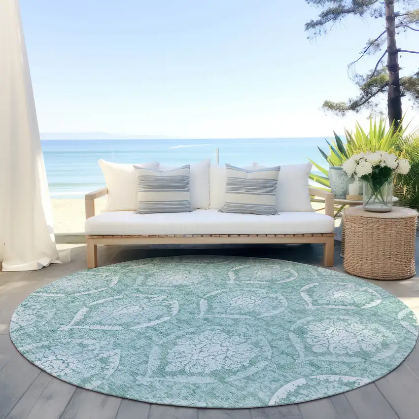 8' Turquoise Teal Blue And Ivory Round Medallion Washable Indoor Outdoor Area Rug Photo 6